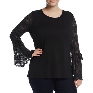 Vince Camuto Black Lace Bell Sleeve Blouse Keyhole Button Back Size Medium